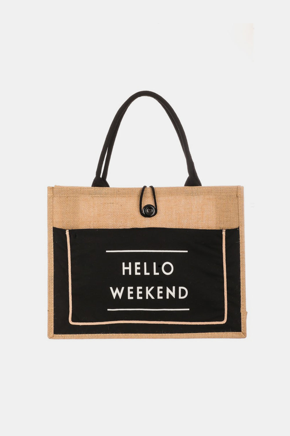 Hello Weekend Burlap Tote Bag in Black, Pink, & Ivory