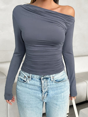 Stellar Ruched One Shoulder Long Sleeve Tee in Black, White & Dusty Blue