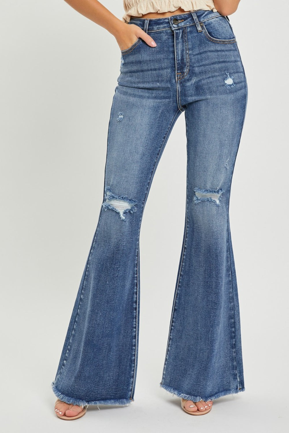 Chic Vibes High Rise Distressed Flare Jeans in Medium Wash