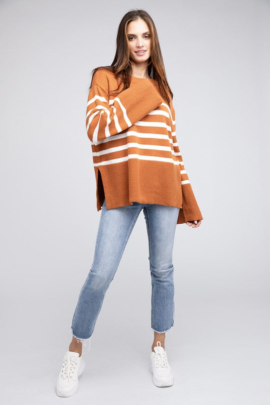 Slit Level Striped Sweater in Rust & Black