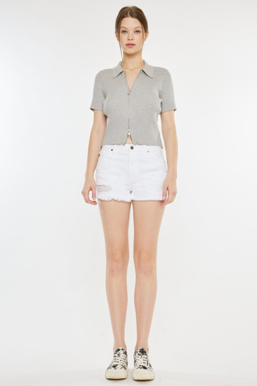 Cara Raw Hem Distressed Denim Shorts in White