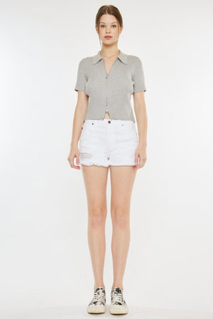 Cara Raw Hem Distressed Denim Shorts in White