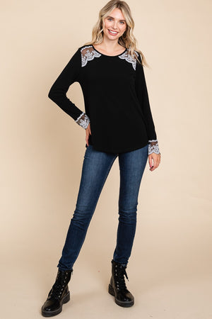 Casual Grace Lace Accent T-Shirt in Black