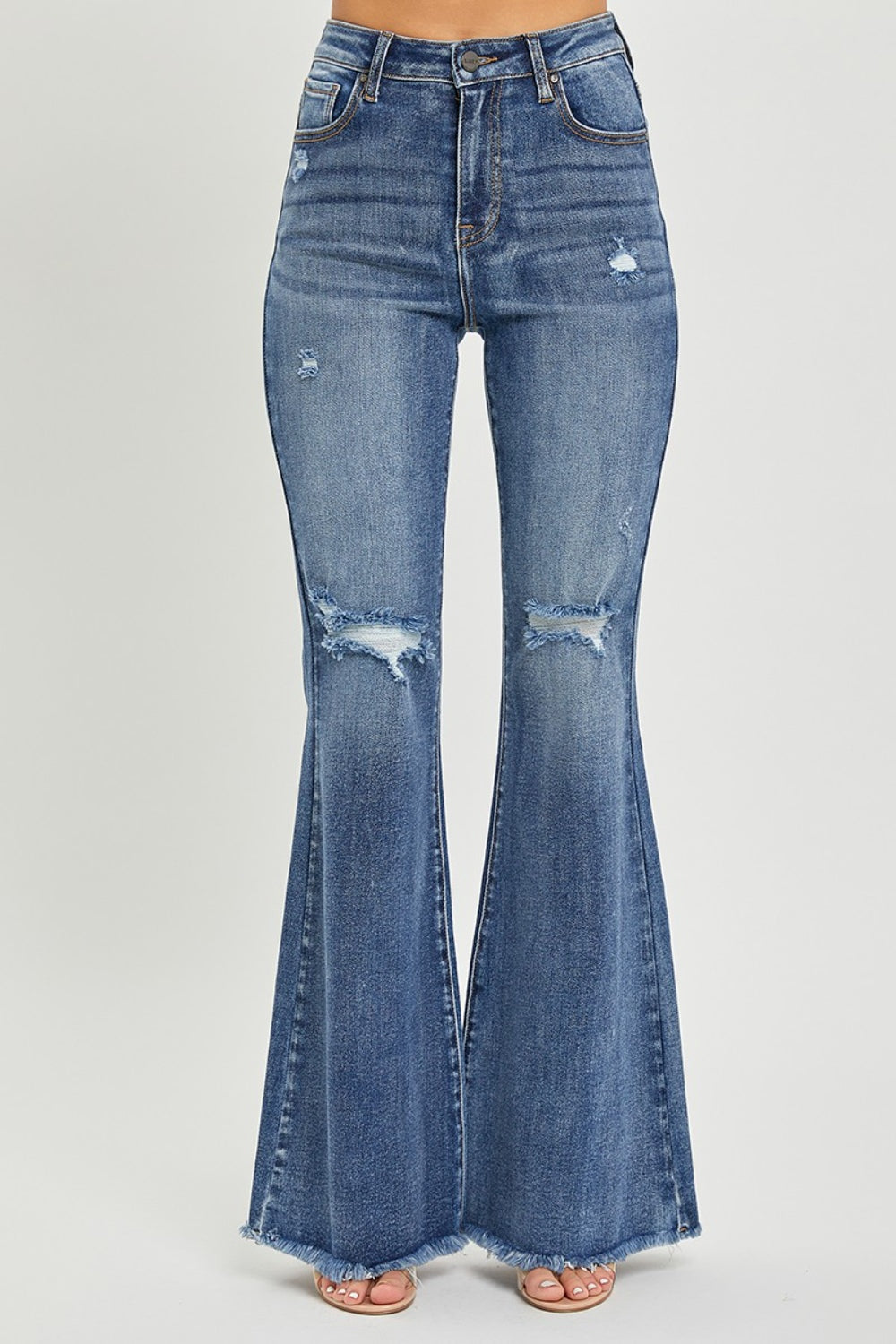 Chic Vibes High Rise Distressed Flare Jeans in Medium Wash