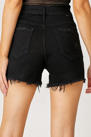 Festival Rhinestone Fringe Frayed Hem Denim Shorts in Black