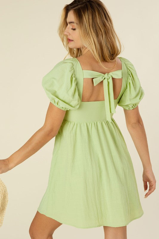 Bella Puff Sleeve Dress with Tie in Green