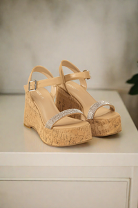 Shimmer Time Rhinestone Strap Wedge Sandals in Natural