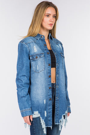 Distressed Button Down Denim Jacket in Blue