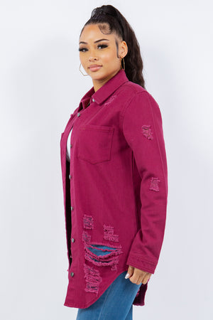 Button Me Up Distressed Denim Jacket in Deep Purple