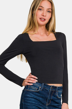 A Square Deal Square Neck Long Sleeve Tee in Black