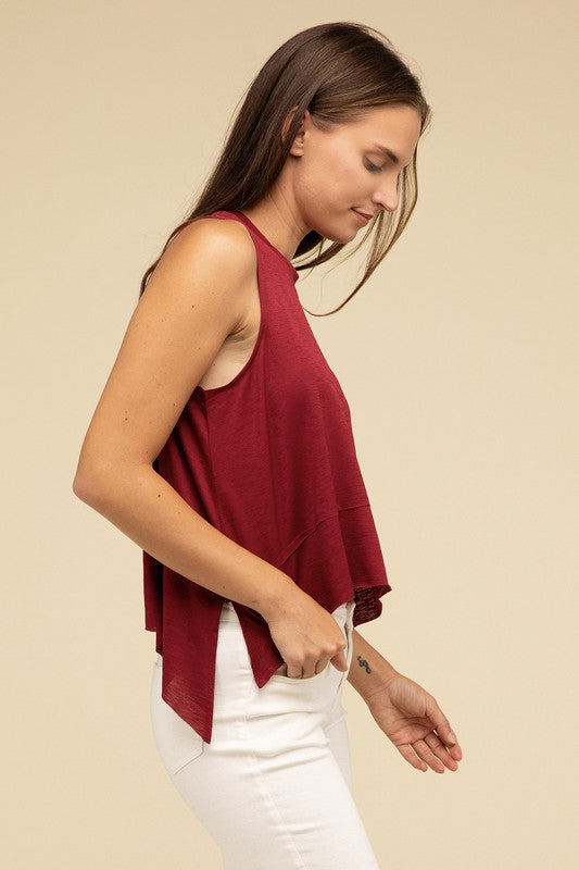 Giselle Shark Hem Side Slit Sleeveless Top in Cabernet, Light Grey, Black, & Sand Beige