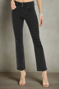 Two Button Ankle Bootcut Jeans in Black