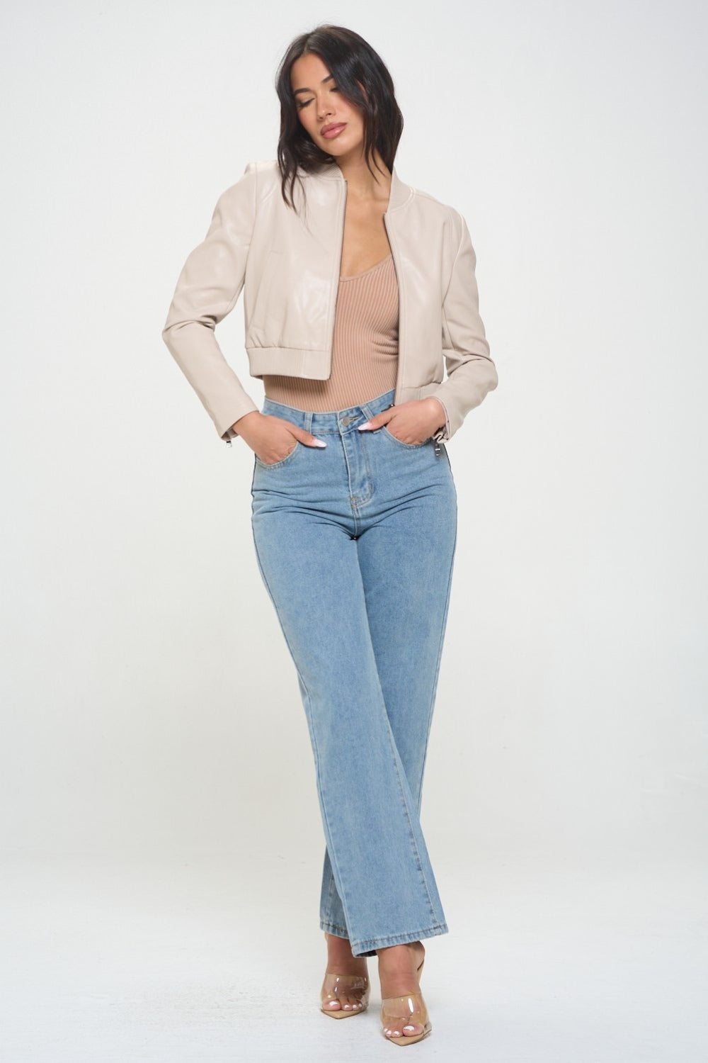 Splash of Sass Cropped Bomber Jacket in Cream