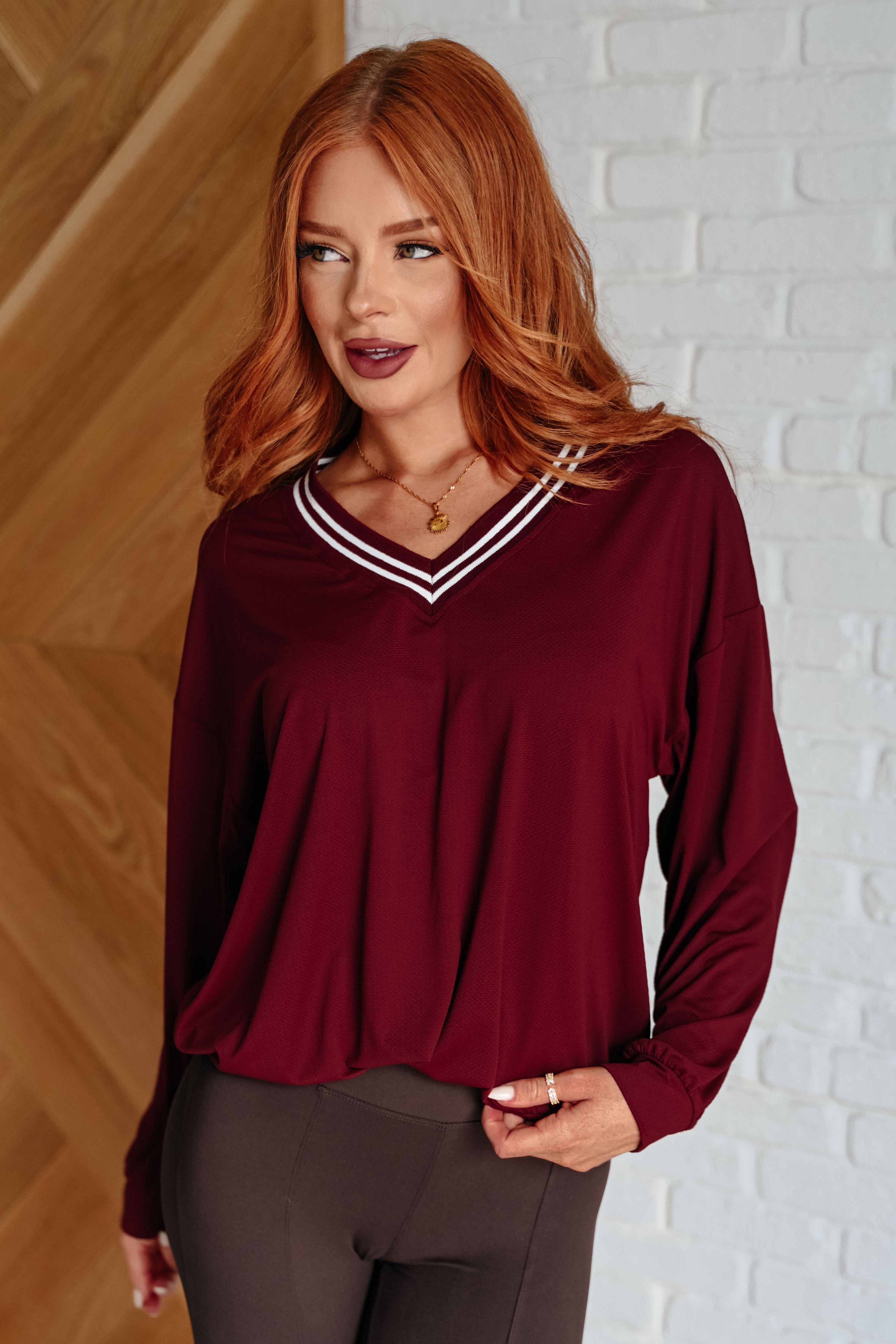 So Comfy Contrasting V-Neck Pullover in Red Merlot