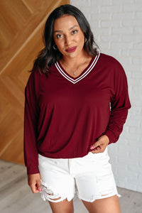 So Comfy Contrasting V-Neck Pullover in Red Merlot