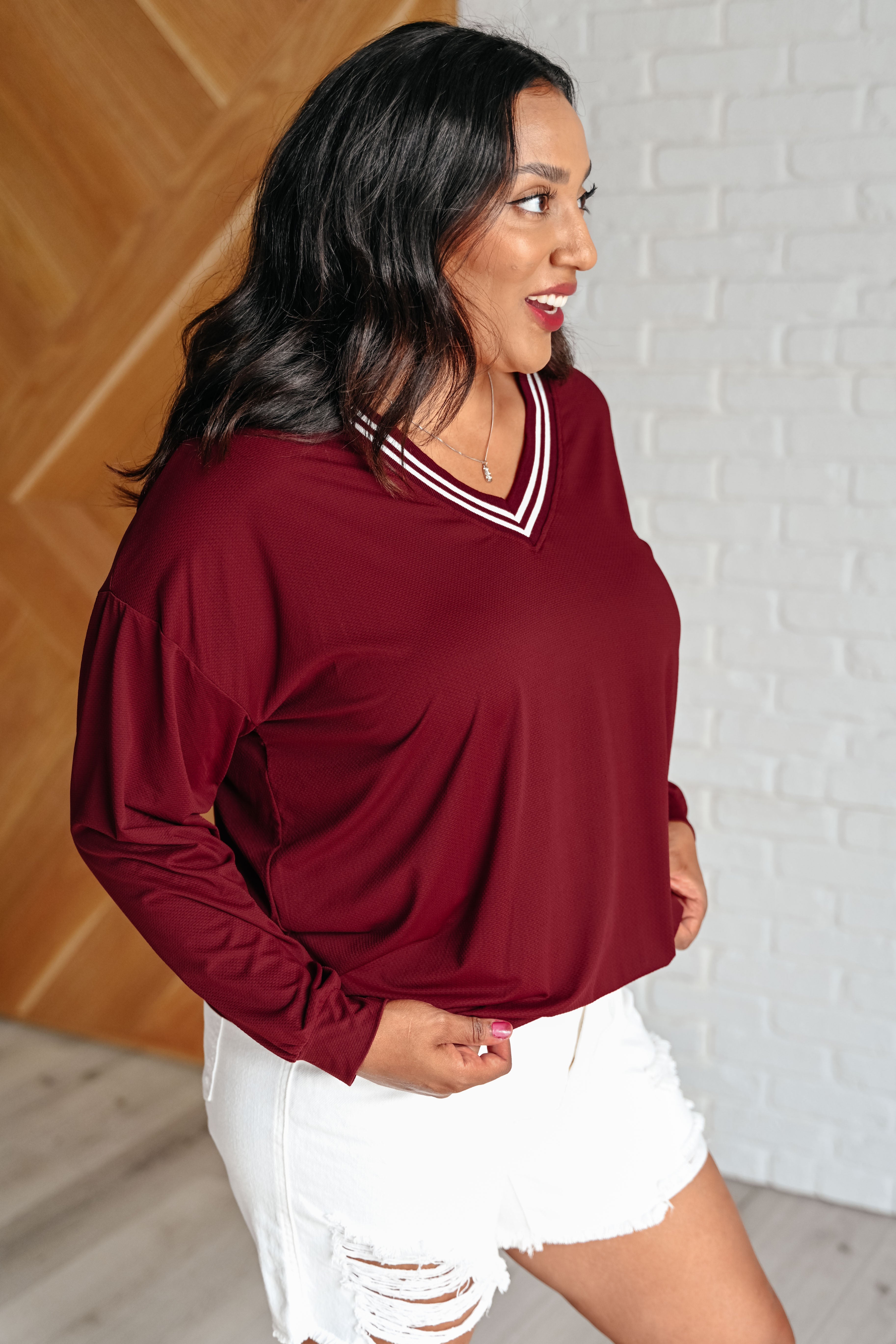 So Comfy Contrasting V-Neck Pullover in Red Merlot