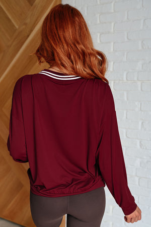 So Comfy Contrasting V-Neck Pullover in Red Merlot