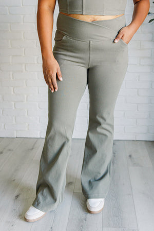 Forming Routines Twill Crossover Waist Flare Pants in Dusty Olive