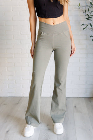 Forming Routines Twill Crossover Waist Flare Pants in Dusty Olive