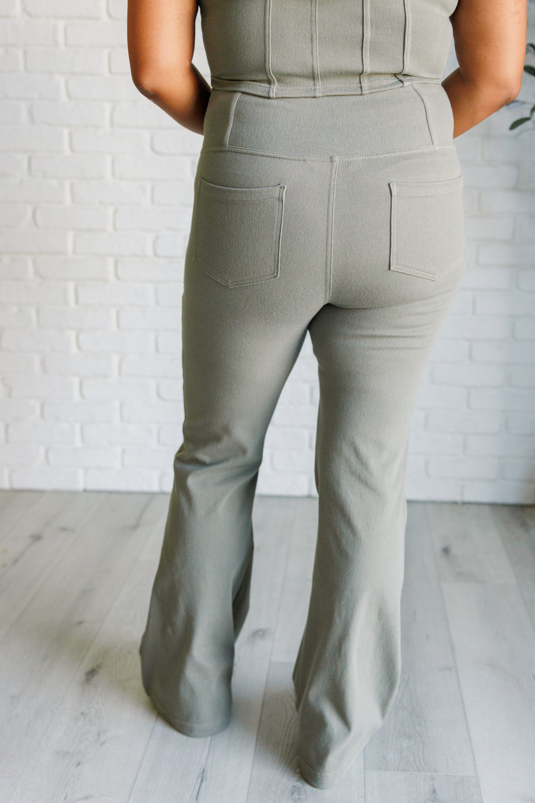 Forming Routines Twill Crossover Waist Flare Pants in Dusty Olive