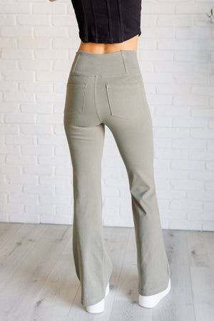 Forming Routines Twill Crossover Waist Flare Pants in Dusty Olive