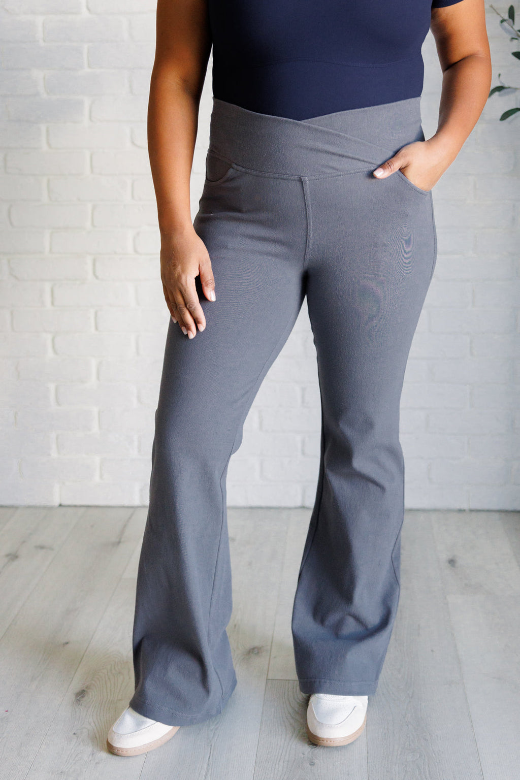 Forming Routines Twill Crossover Waist Flare Pants in Titanium