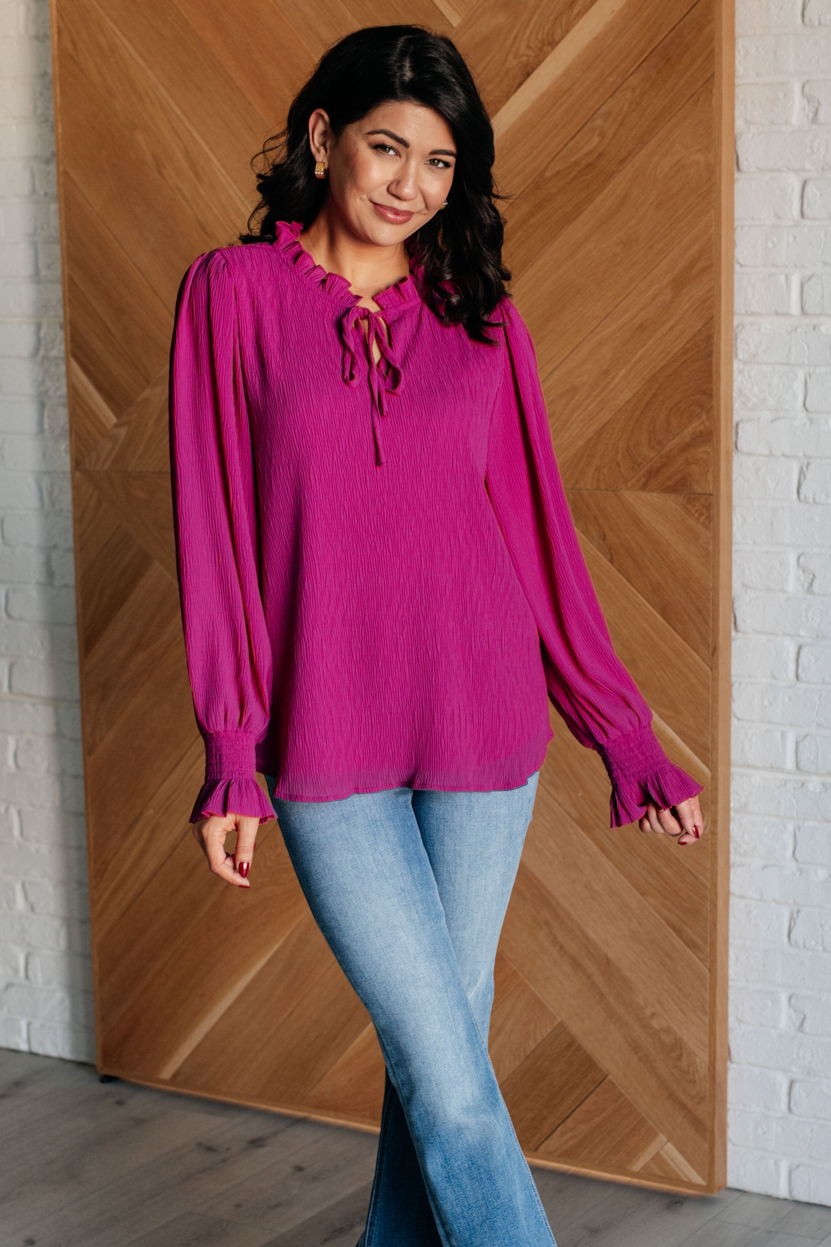 Poised Beauty Ruffle Neckline Blouse in Magenta