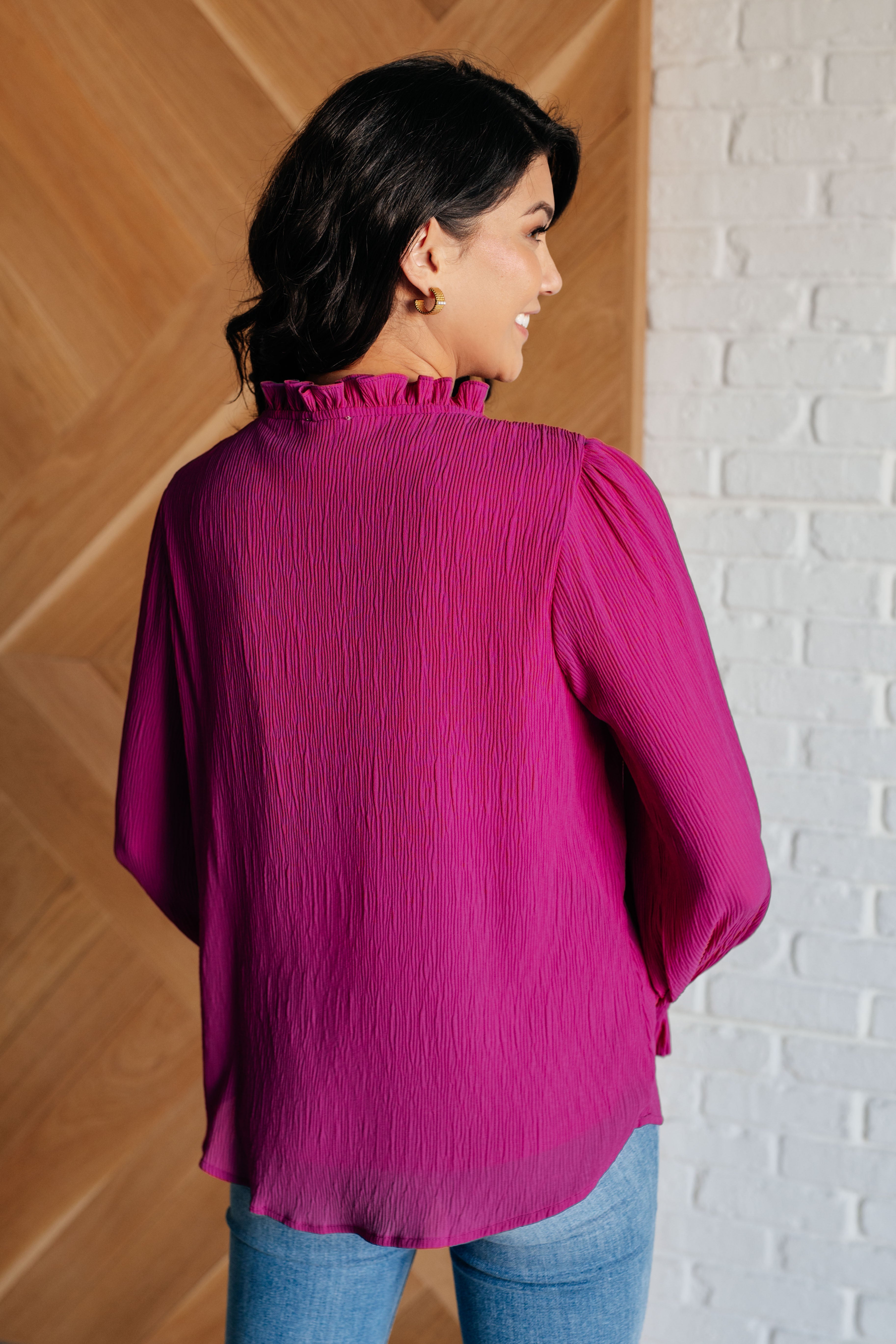 Poised Beauty Ruffle Neckline Blouse in Magenta