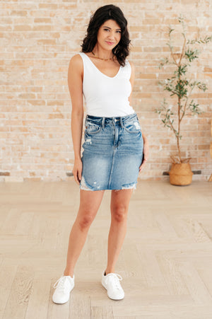 Marcia Raw Hem Rigid Magic Denim Skirt