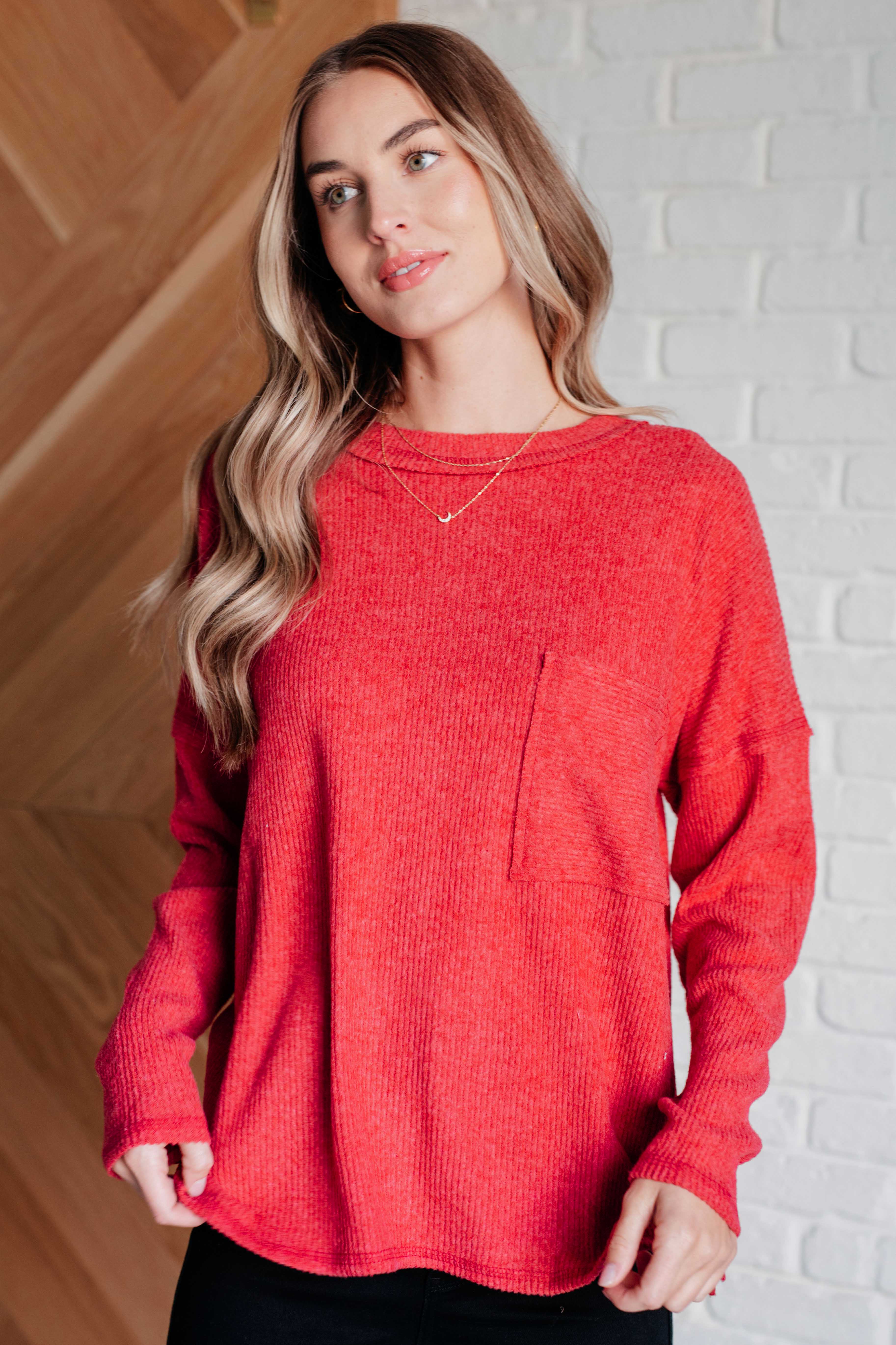 Laidback Style Ribbed Sweater in Dark Red