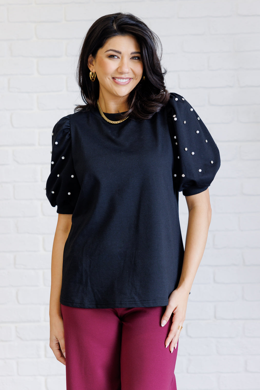 Pearl Prism Puff Sleeve Top in Black