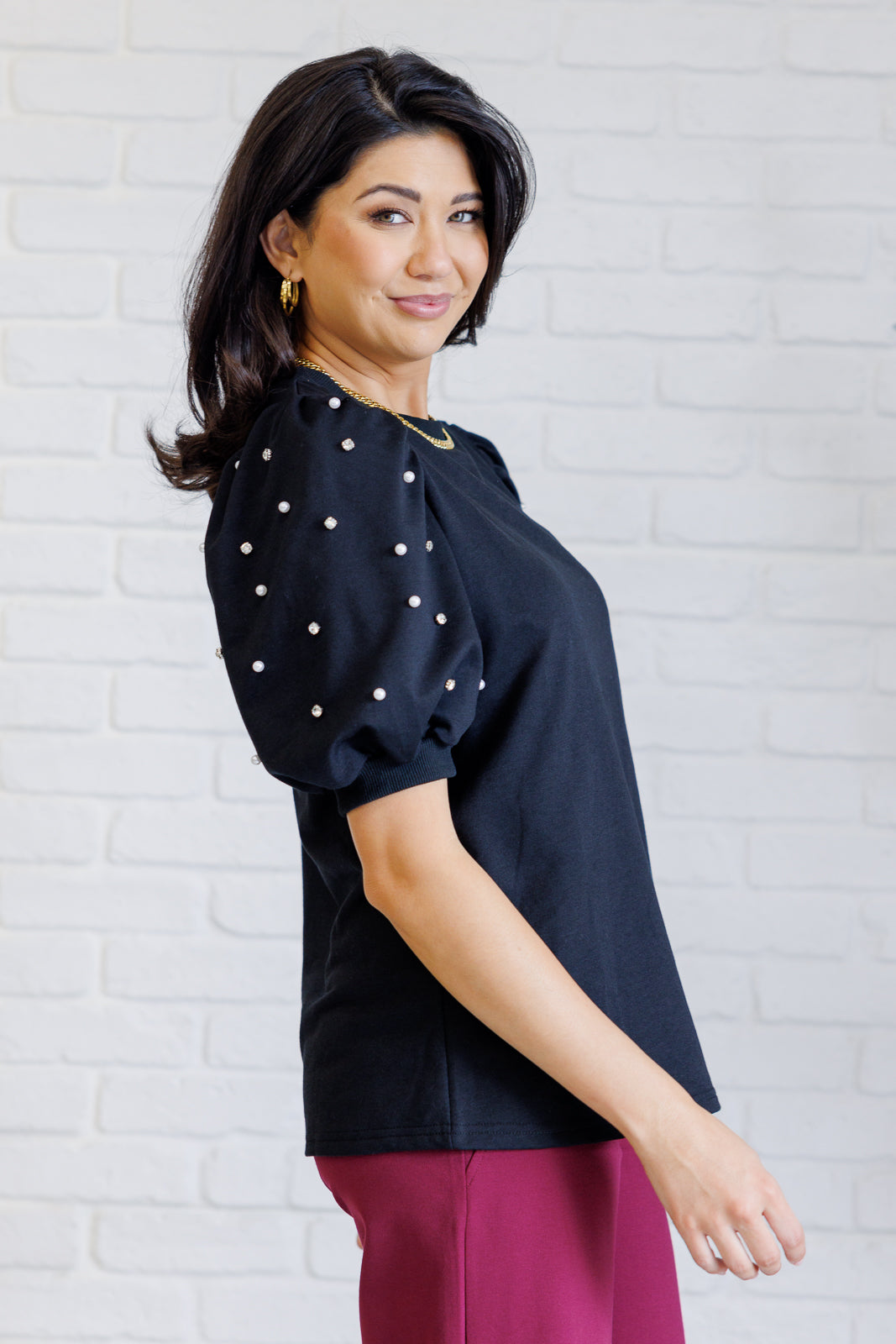 Pearl Prism Puff Sleeve Top in Black