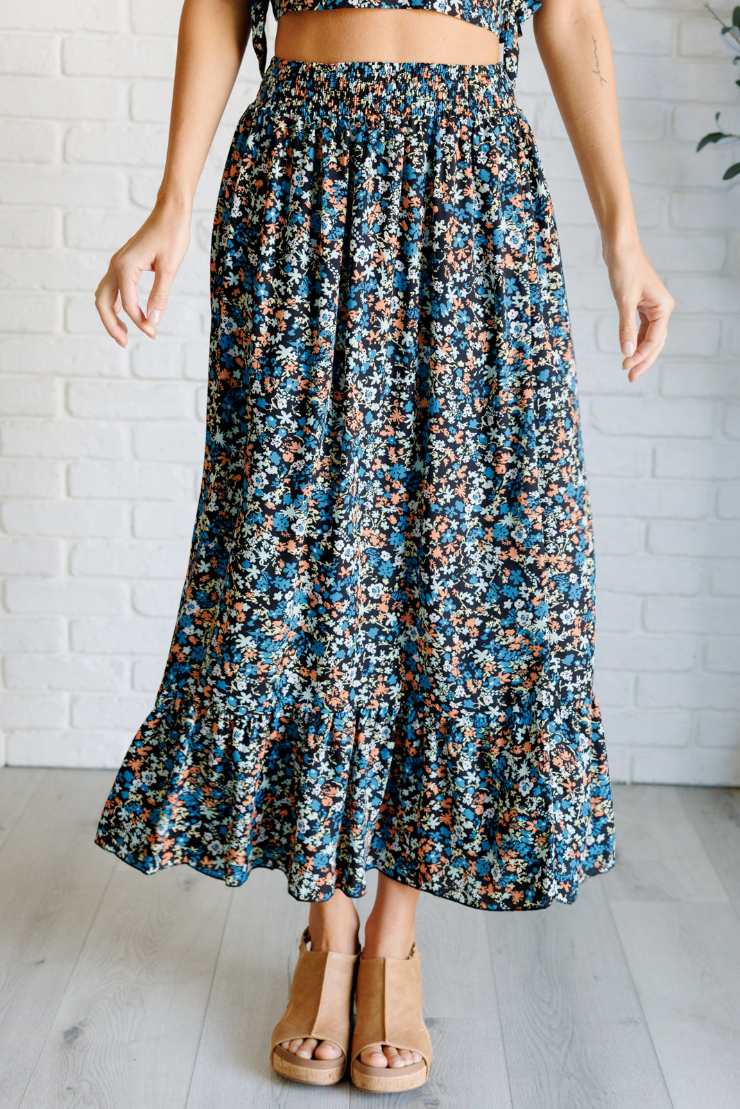 Feminine Charms Floral V-Neck Crop & Skirt Set