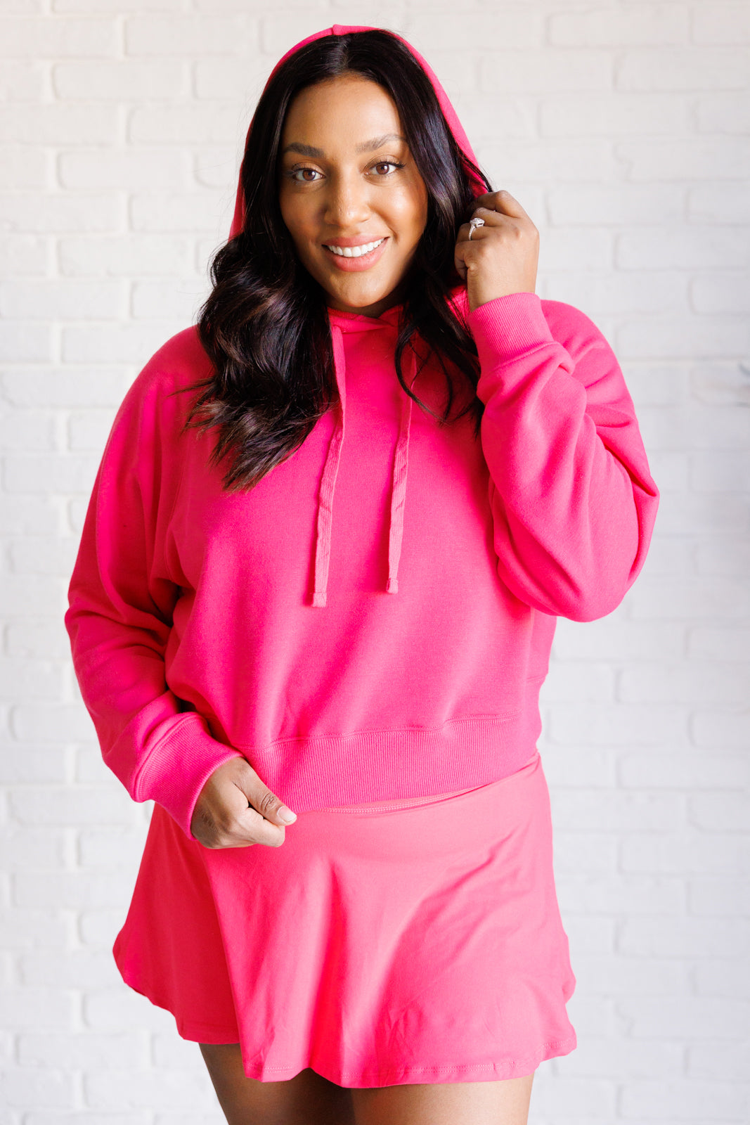 Have Me Hooked Cropped Pullover Hoodie in Flamingo Pink