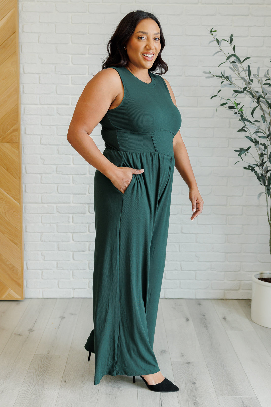 Corset Panel Wide Leg Jumpsuit in Green