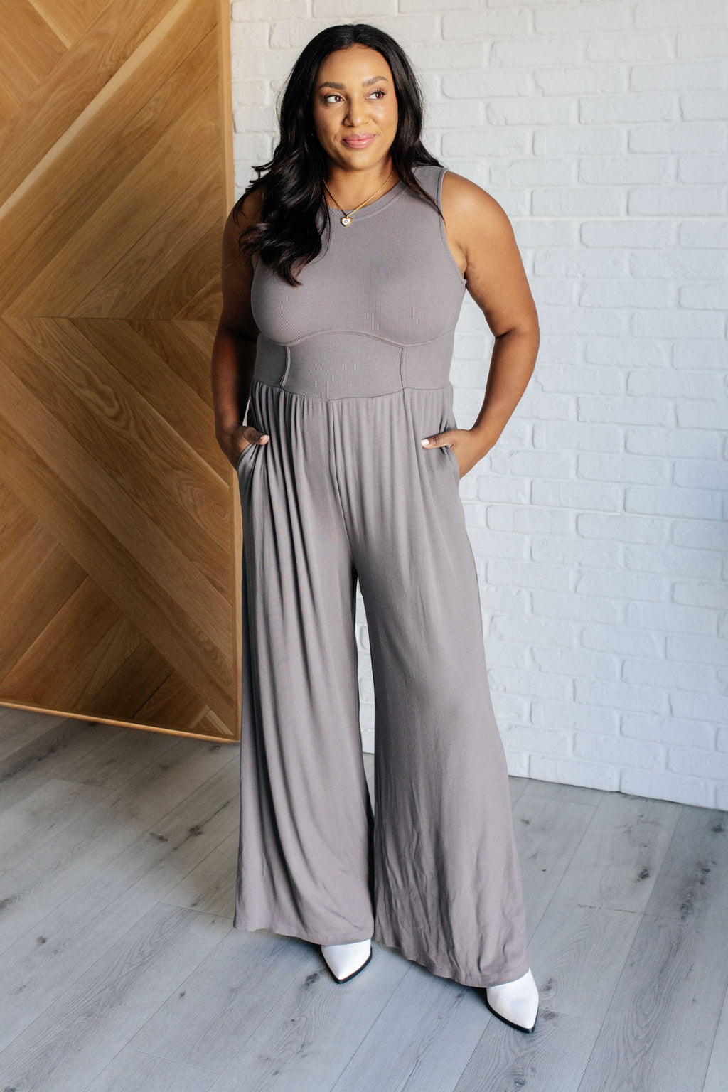 Corset Panel Wide Leg Jumpsuit in Grey