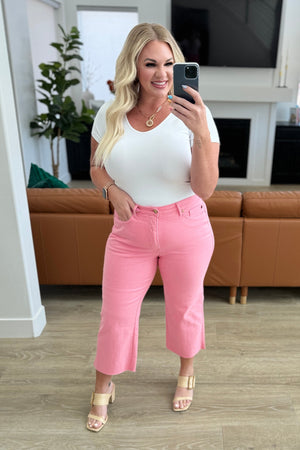 Elize High Rise Tummy Control Cropped Wide Leg Jeans in Pink