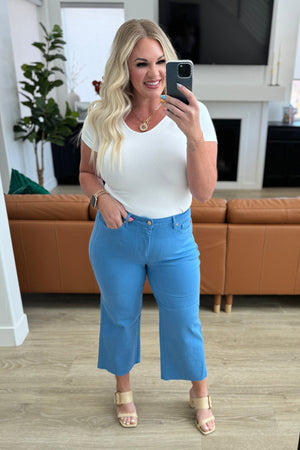 Elize High Rise Tummy Control Cropped Wide Leg Jeans in Sky Blue