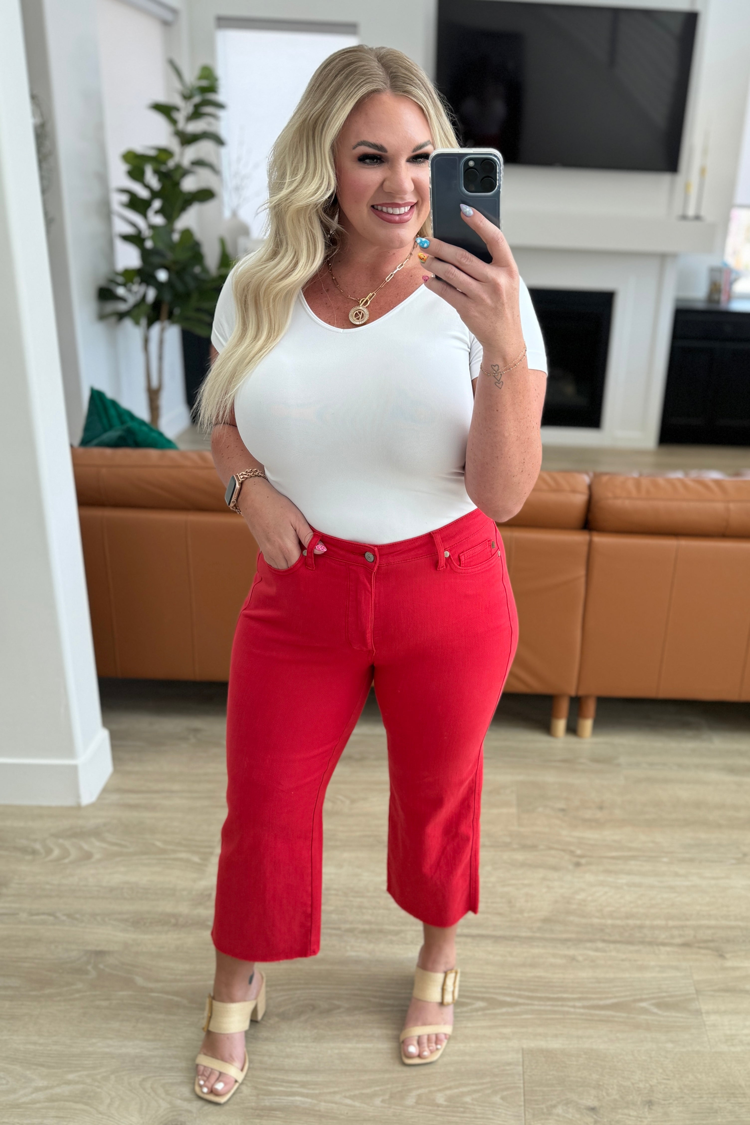 Elize High Rise Tummy Control Cropped Wide Leg Jeans in Red