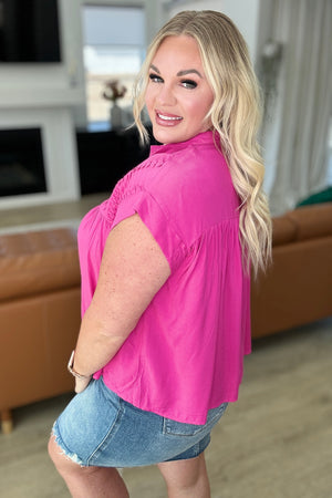 Pleats-A-Plenty Button Up Top in Hot Pink