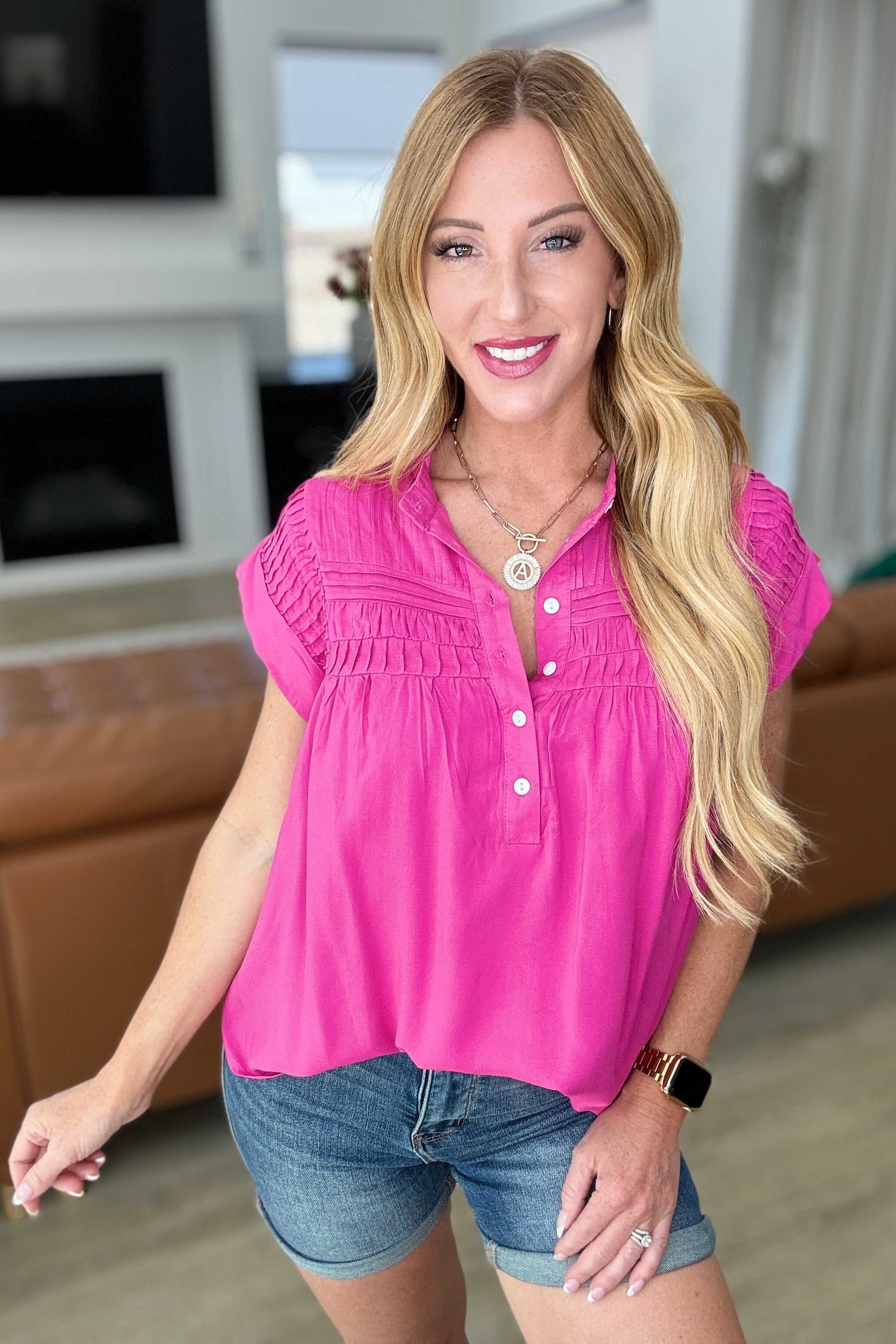Pleats-A-Plenty Button Up Top in Hot Pink