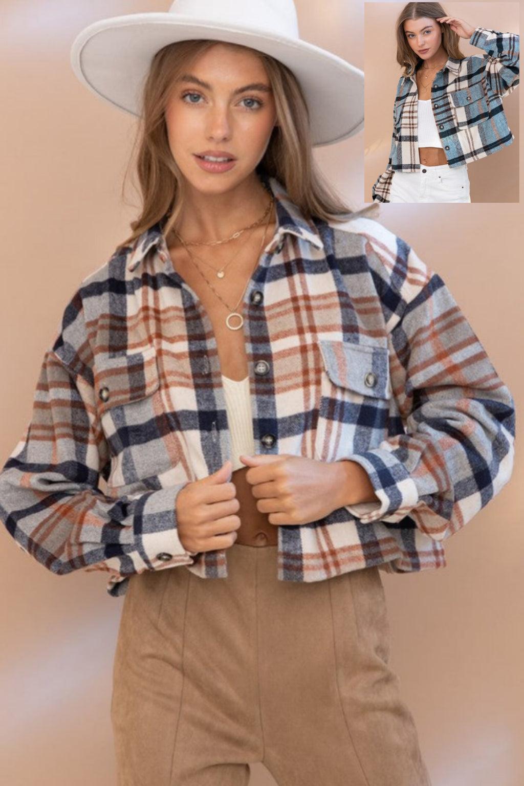 Jody Plaid Crop Shirt Jacket in Rust & Teal