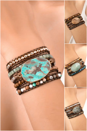 Handcrafted Semi-Precious Boho Wrap Bracelet in Turquoise, Picture Jasper, Amanzonite, & Grey Agate