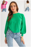 So Fuzzy Ruched Sweater in Green, Pink, & Cream