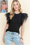 Tulle Mesh Ruffle Sleeve Ribbed Top in Black & Pink