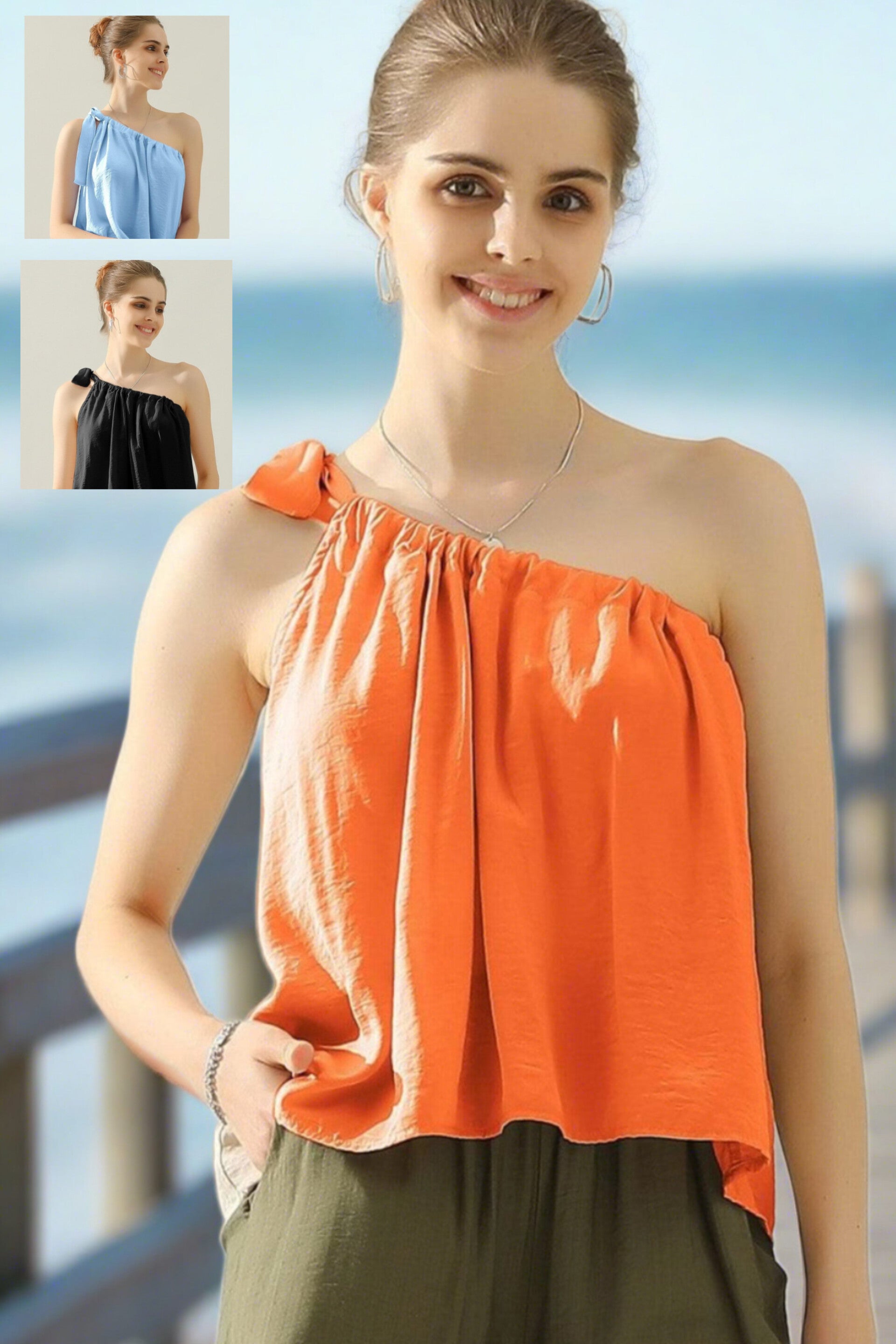 Chiara One Shoulder Bow Tie Satin Top in Orange, Blue, & Black