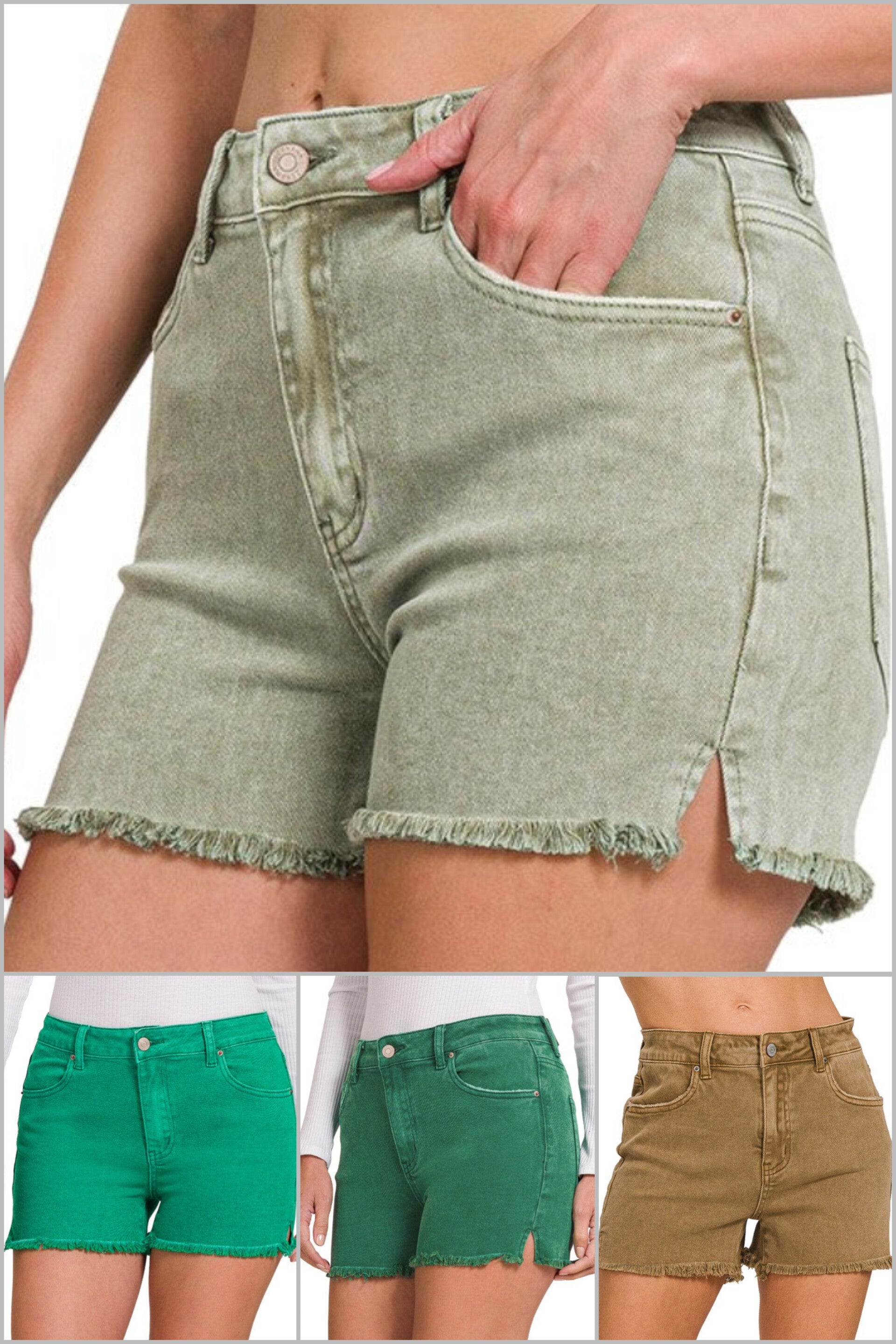 Rina Acid Wash Frayed Cutoff Shorts in Olive, Kelly Green, Dark Green, & Deep Camel