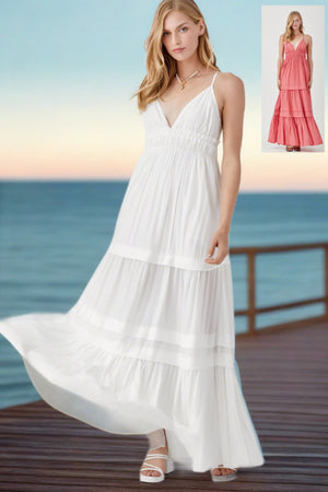 Iria Shirred Tiered Maxi Dress in Off White & Rose