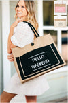 Hello Weekend Burlap Tote Bag in Black, Pink, & Ivory