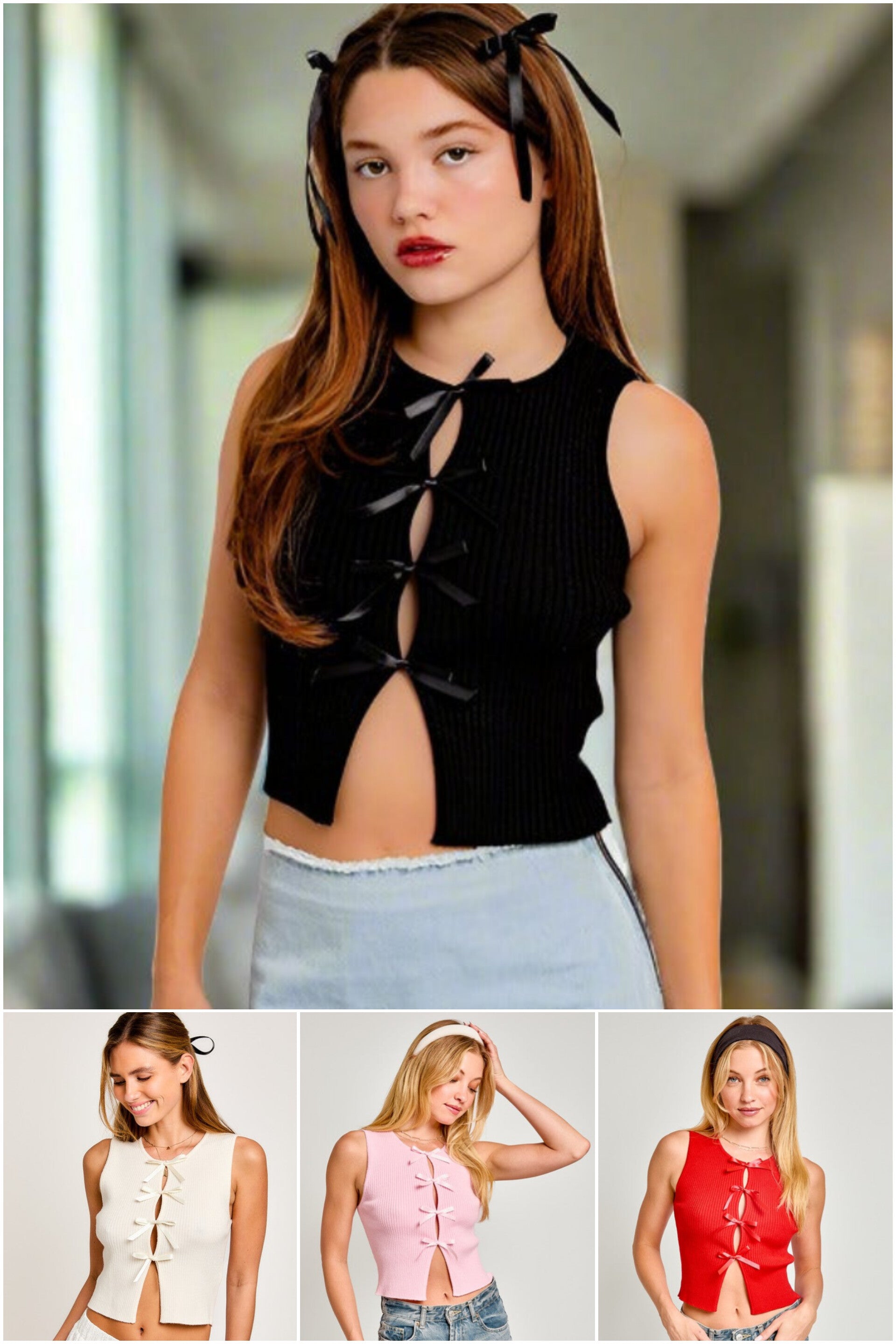 Marisol Bow Detail Sleeveless Knit Top in Black, Cream, Light Pink, & Red